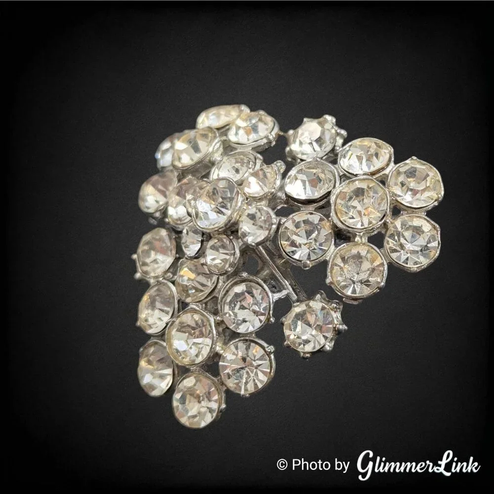 Vintage Pot Metal Glass Rhinestone Triangular Floral Brooch